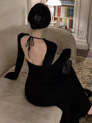 Aiertu Vintage Elegant Halter Bcakless Black Long Dress Women Retro Wrap Party Long Sleeve Maxi Dresses 2024 Spring Aiertu