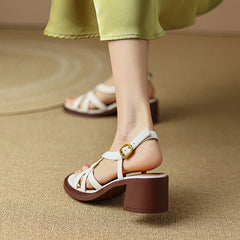 Aiertu Summer Women Shoes Open Toe Chunky Heel Women Sandals Split Leather High Heels Cross-tied Shoes Handmade Shoes for Women Aiertu