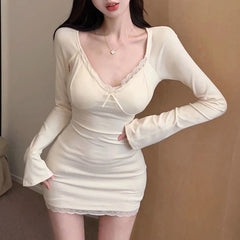 Aiertu Y2K Retro Lace Patchwork Spaghetti Strap Black Bodycon Dress Mini Fashion Aesthetic Bow Club Party Sexy Dresses for Women aiertu