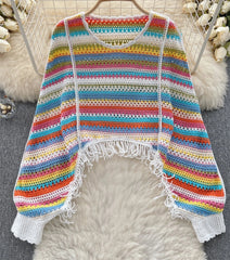 Fashion Hotsweet Vacation Knitting Blouse Hook Flower Hollow Long Sleeved Tassel Design Summer Women Casual Loose Top Aiertu