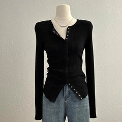 AIERTU - Women's Black Ribbed Knit Cardigan Button Design Long Sleeve Slim Fit Autumn Casual Fashion Stylish Knit Top Aiertu