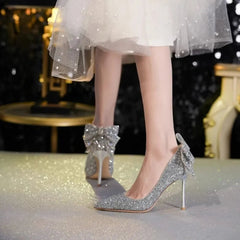 Aiertu Shiny Bowknot Thin Heels Pumps Women Slip-On Bling Crystal Party Shoes Woman Sexy Pointed Toe Glitter High Heels Shoes Aiertu
