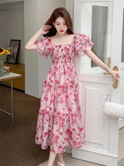Aiertu Summer New Square Collar Pleated Long Dress French Style Butterfly Sleeve Elegant Sweet Print Dress Female Fashion Night Party Aiertu