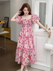 Aiertu Summer New Square Collar Pleated Long Dress French Style Butterfly Sleeve Elegant Sweet Print Dress Female Fashion Night Party Aiertu