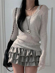 Aiertu Two Pieces Set Autumn Simple Casual Long Sleeve Vintage Women T-shirts + Japanese Solid Bottoming Y2k Aesthetic All Match Tanks Aiertu