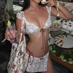 AIERTU - Floral Print Triangle Cup Bikini Set Lingerie Sexy Strap Slim Fit And Low Waist Women Summer Sweet Beach Party Vacation Swimsuit Aiertu