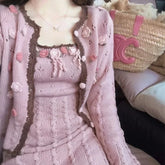 Aiertu - Belinda's Berry and Rose Fae Market Stall Pink Dress with Optional Cardigan Top Set Kawaii Academia Y2K Cottagecore Coquette Fairycore Dollette Princesscore Aiertu