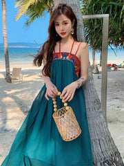 Aiertu High Waist A Line Summer Sexy Embroidered Chiffon Dress Spaghetti Strap Women Retro Long Dress Beach Party Casual Backless Boho Aiertu