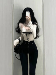 Aiertu Casual Y2k Crop Tops Women 2 Piece Sets Outwear Korean Fashion Clothing Bodycon Slim Tshirts Sexy Blouse Female Spring Aiertu