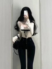 Aiertu Casual Y2k Crop Tops Women 2 Piece Sets Outwear Korean Fashion Clothing Bodycon Slim Tshirts Sexy Blouse Female Spring Aiertu