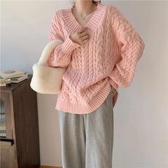 Solid Sweater Women Korean Fashion V Neck Knitted Pullovers Pink Long Sleeve Knitwear Winter Streetwear Casual Jumpers Tops New Aiertu