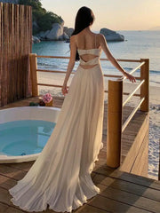 Aiertu French Women White Sexy Club Elegant Backless Birthday Party Maxi Dress Summer Fairy Long Evening Dress Bridesmaids Pleated Robe Aiertu