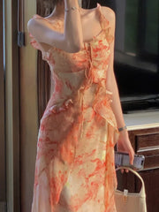 Aiertu Summer Elegant Spaghetti Strap Midi Women Dress Floral Print Casual Bodycon Party Vestidos Femme Fashion Slim Vintage Clothes Aiertu