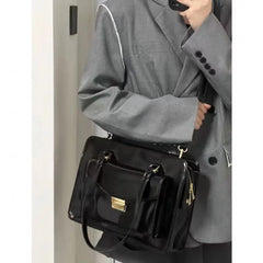 Vintage Black Shoulder Bag Briefcase Women Preppy Style Pu Leather Jk Handbag Ladies Large Capacity Casual Handbags Y2k Aiertu