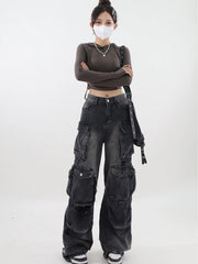 Aiertu Women's Black Gothic Baggy Cargo Jeans Vintage Emo 2000s Y2k Harajuku Denim Trouser Korean 90s High Waist Cowboy Pants Clothes Aiertu