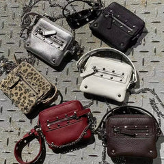 AIERTU - Motorcycle Rivet Chain Crossbody Carry Small Square Bag Wallet Fashionable Hanging Bag Hip Hop Retro Street Trend Mini Card Bag Aiertu