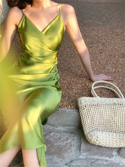 Aiertu Sexy Women Summer Spaghetti Strap Midi Dress New Fashion Evening Party Ladies Elegant Sundress Vintage Satin Casual Robe New Aiertu