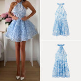 AIERTU - Elegant Printed Summer Dress New Style Women's Fashion Neck Hanging Belted Sleeveless Gown for Daily Wear Aiertu