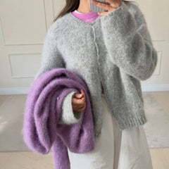 AIERTU - New Lazy Style Wool Cardigan Women's Spring and Autumn Loose Round Neck Knitted Short Jacket Soft Long Sleeved Sweater Aiertu