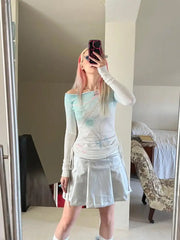 Aiertu Gothic T Shirt Women Clothes Long Sleeve Off Shoulder Spring Autumn Tops Lace Up Slim Tee Shirt Femme Y2k Tshirts Chic Aiertu