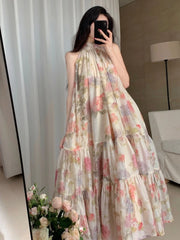 Aiertu Women Elegant Floral Print Maxi Dresses Summer New Fashion Sleeveless Loose Ruffle Y2k Dress Beach Birthday Party Robe Aiertu