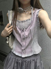 Aiertu Summer Patchwork Contrast Color Tanks Women Harajuku Bandage Sleeveless Tops Fairy Korean Fashion Casual Camisole Y2k Aesthetic Aiertu