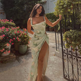 Aiertu Sexy summer suit Rose printed cultivate one's morality fashion suits Condole belt vest Tall waist sexy open fork skirt Aiertu