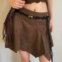 Aiertu Vintage Leather Skirt Y2k Women Ruffle Gothic Solid Irregular Streetwear Short Skirt Retro A-line Aesthetics Skirts Aiertu