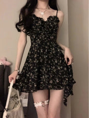 Aiertu Coquette Floral Flower Print Black Slip Mini Dress Women 2024 Vintage Elegant Beach Casual Party Short Dresses Summer Aiertu