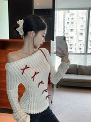 Aiertu Sweet Bow Knitted Pullover Women Off Shoulder Sexy Long Sleeve Sweaters Korean Style Kawaii Autumn Winter Pullovers Aiertu