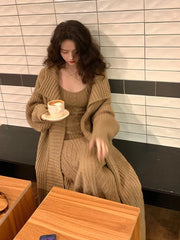 Autumn Winter Korean Style Elegant Style Two Piece Sets Femme Solid Color Loose Knit Cardigan Jacket V-neck Vest Dress Aiertu