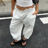 AIERTU - Street Style Casual Pure White Drawstring Calf-length Cargo Pants Ruched High Waist Fungus Edge Elastic Fashion Loose Pants Aiertu