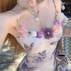 Aiertu Sweet Floral Party Mini Dress Women Summer New Korean Printing Floral Y2k Dress Female Slim Chic Strap Beach Designer Dress 2024 Aiertu