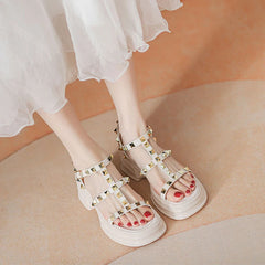 8 Fashion Summer Women's Rivet Roman Wedge High Heel Open Toe Sandals Chunky Heel Outdoor Beach Casual Women's Sandals 35-40 Aiertu