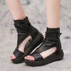 Aiertu Vintage Leather Cool Boots Mid Heels Wedges Shoes Women Ladies Strap Casual Sandalias Fashion Rear Zipper Sandals Spring Summer Aiertu