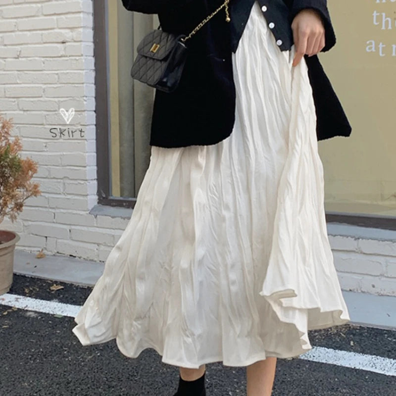 Aiertu Elegant White Women Long Skirt Korean Style Fairycore Ruffle Skirts Sweet Fashion Solid Casual A-line Pleated Skirts Aiertu