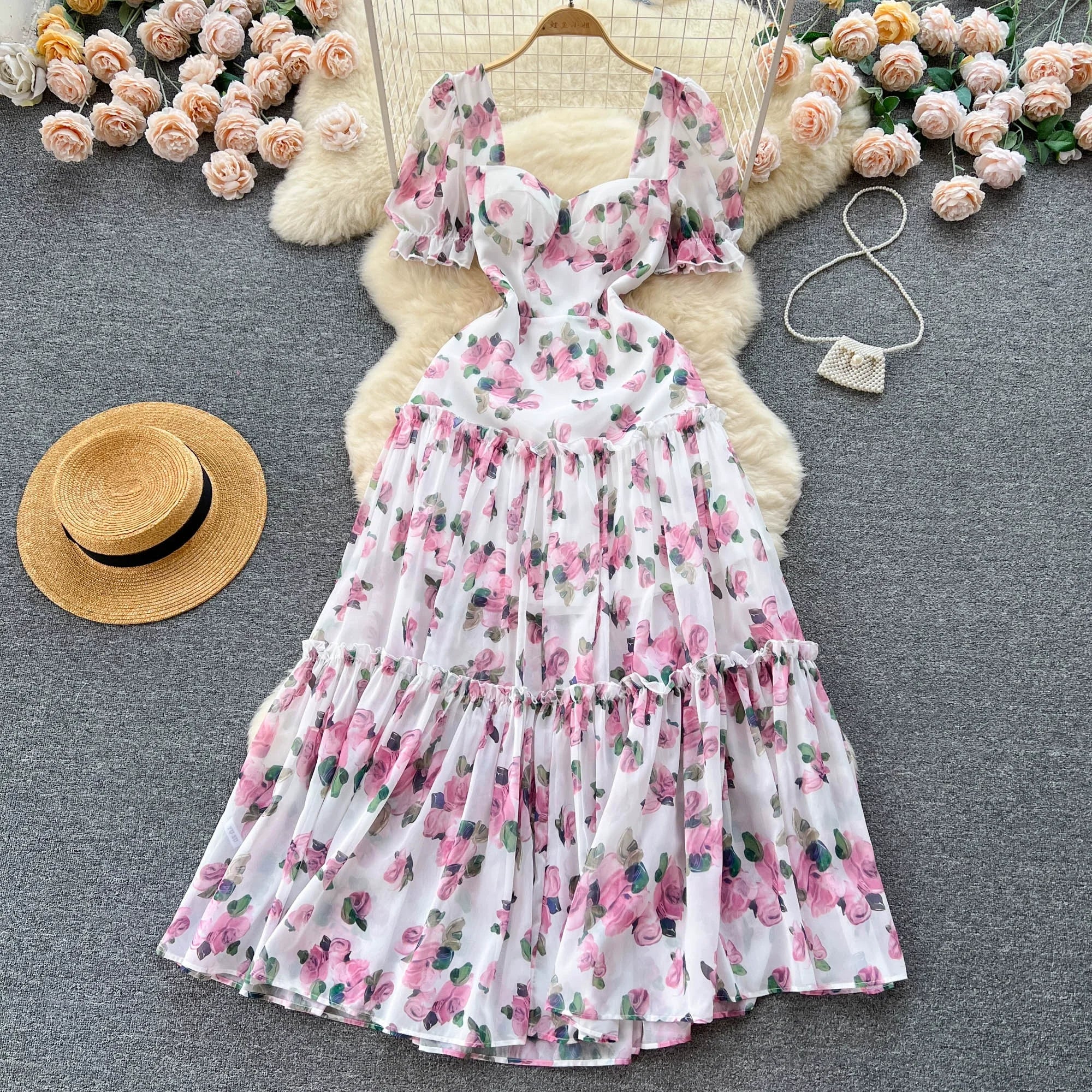 Aiertu Beach Vacation Floral Print Dress Women Backless Lace Up Cross Bandage Ruched Korean Hotsweet Fashion Party Long Dress Aiertu
