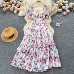 Aiertu Beach Vacation Floral Print Dress Women Backless Lace Up Cross Bandage Ruched Korean Hotsweet Fashion Party Long Dress Aiertu
