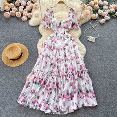 Aiertu Beach Vacation Floral Print Dress Women Backless Lace Up Cross Bandage Ruched Korean Hotsweet Fashion Party Long Dress Aiertu