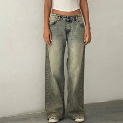 AIERTU - Women Y2K Low Rise Baggy Jeans Retro Aesthetic Loose Fit Boyfriend Straight Wide Leg Jeans Trendy Stretch Long Denim Pants Aiertu