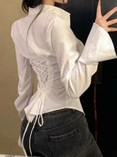 White Shirt Women Tops Blouses Corset Button Up Shirt Long Sleeve Gothic Lolita Black Korean Chic Vintage Slim Blouse Aiertu