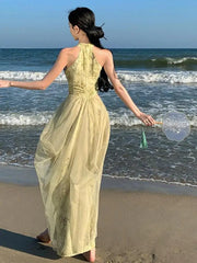 Aiertu Vintage Green Mesh Bamboo Print Sexy Sleeveless Elegant Slim Chinese Long Dress Summer Hollow Off Shoulder Pleated Dresses Boho Aiertu