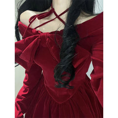 Aiertu Vintage Bow Mini Dress Women Y2K Sexy Slash Neck Red Velvet Dresses Winter Kawaii Christmas Party Bodycon A Line Vestidos aiertu