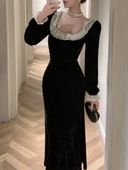 Aiertu Autumn Women Vintage Chic Velvet Black Dress Long Sleeve Bodycon Evening Party Dresses Female Fashion Chic Prom Vestidos Mujers Aiertu