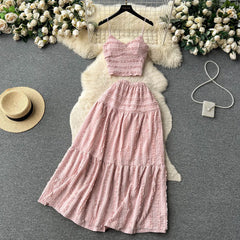 Aiertu Summer Lace Patchwork Beach Two Pieces Sets Women Sexy Camisole+A Line Long Skirt Fashion Elastic Bohemian Suits Aiertu