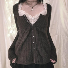 Aiertu 00s Aesthetic Kawaii Knitwear T-shirt Women Clothes Coquette Grunge Y2K 00s Vintage Sweater Single Breasted Long Sleeve Cardigan Aiertu
