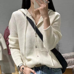 Aiertu 100% Pure Wool Sweater Women's Clothing Knitted Cardigan Autumn Winter New Casual Hooded Cardigan Loose Korean Long Sleeved Top Aiertu