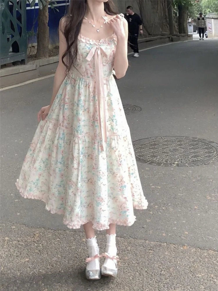 Aiertu 2024 Summer New Japanese Kawaii Y2k Midi Dress Women Casual Sweet Bow Splicing Flower Print Dress Korean Fashion Evening Party Aiertu