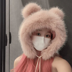 Aiertu Women Winter Warm Kawaii Fox Fur Imitation Mink Plush Hat Thickened Cute Bear Ear Japanese Bomber Hat Ear Protection Cosplay Cap aiertu