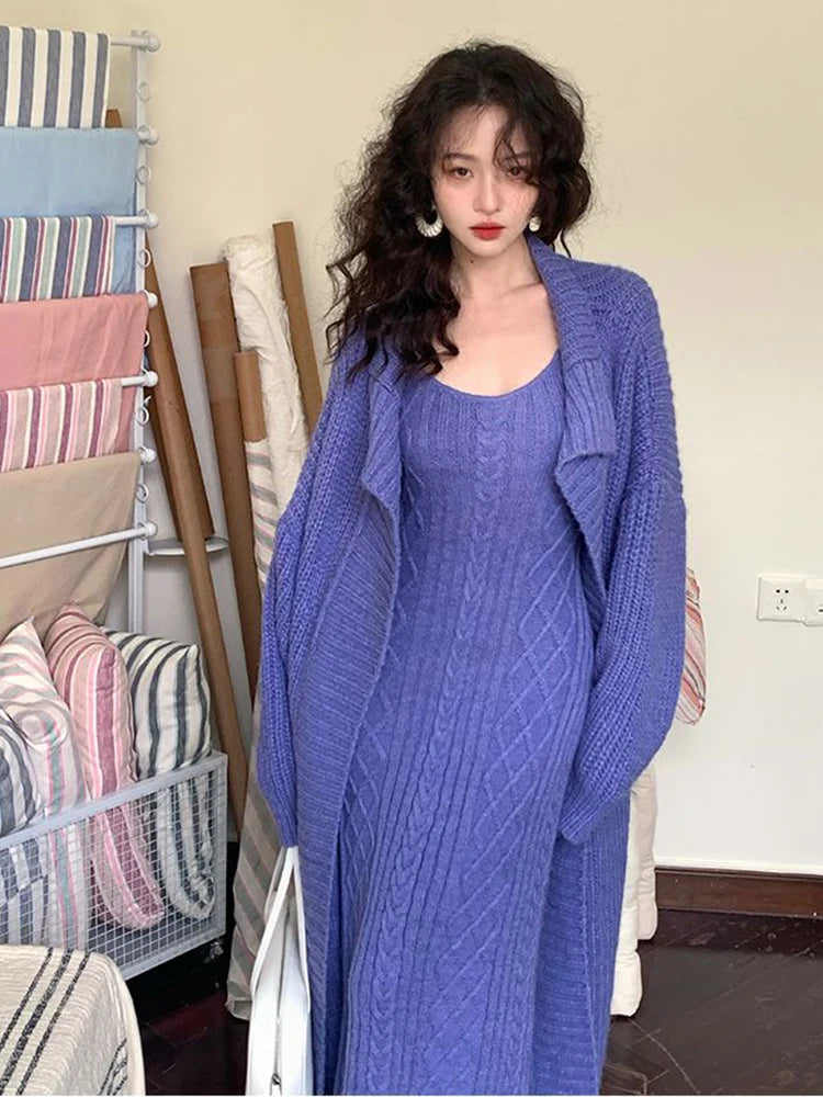 Autumn Winter Korean Style Elegant Style Two Piece Sets Femme Solid Color Loose Knit Cardigan Jacket V-neck Vest Dress Aiertu